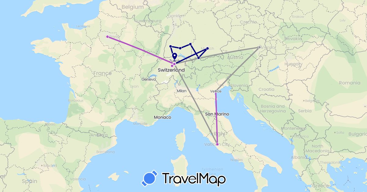 TravelMap itinerary: driving, plane, train in Austria, Switzerland, Germany, France, Italy (Europe)
